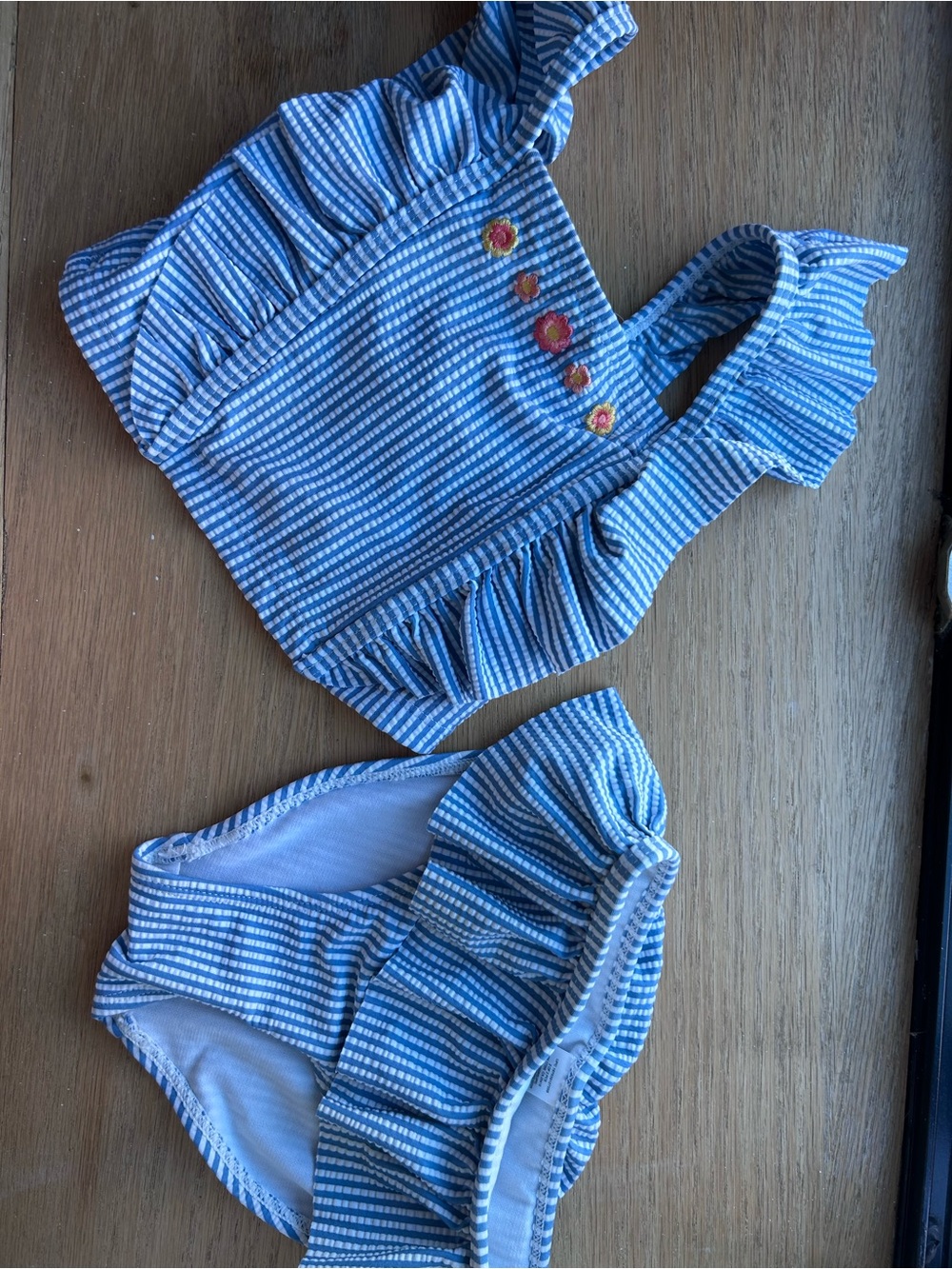 Little Me Blue & White Striped Ruffle Two-Piece Swim Set with Flower Accents